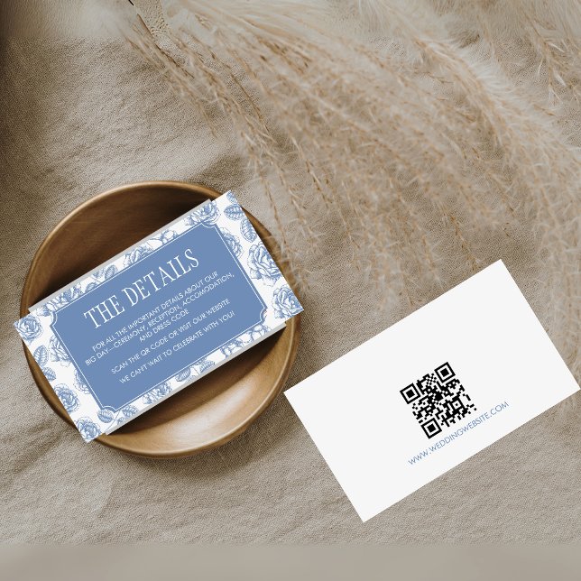 Carte D'accompagnement Dusty Blue Elegant Chinoiserie Détails du Mariage (Dusty Blue Vintage Elegant Wedding Details Card with QR Code)