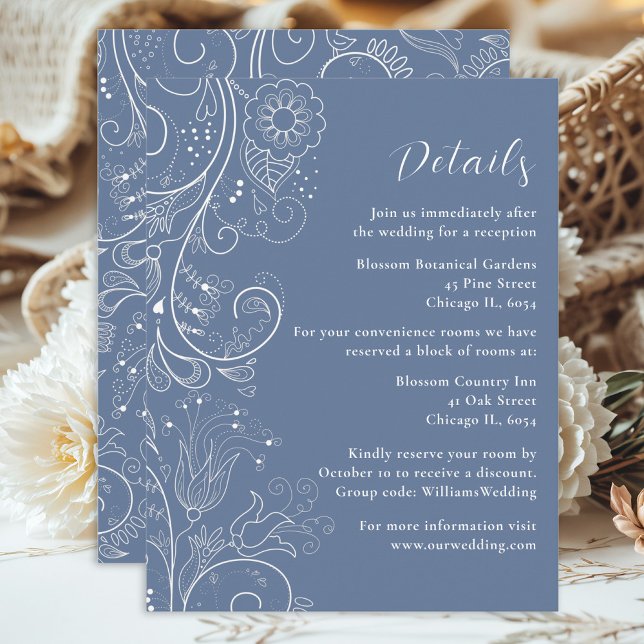 Carte D'accompagnement Dusty Blue Elegant Floral Détails du Mariage (Créateur téléchargé)