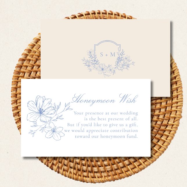 Carte D'accompagnement Dusty Blue Floral Crest Monogramme Lune de miel so (Créateur téléchargé)