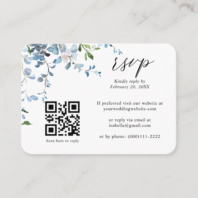 Carte D'accompagnement Dusty Blue Floral Wisteria QR Code Mariage RSVP (Devant)