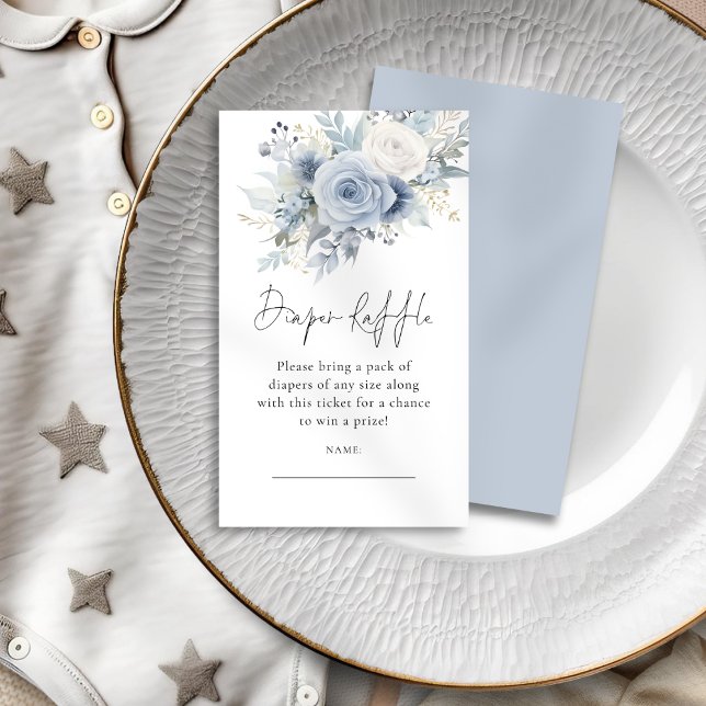 Carte D'accompagnement Dusty Blue Florals Diaper Baby shower Raffle (Front and Back View)