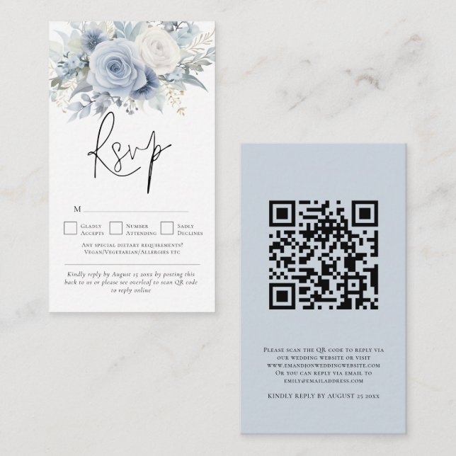 Carte D'accompagnement Dusty Blue Florals QR Code Mariage RSVP (Devant / Derrière)