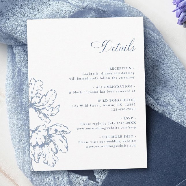 Carte D'accompagnement Dusty Blue French Floral Wedding Details  (Créateur téléchargé)