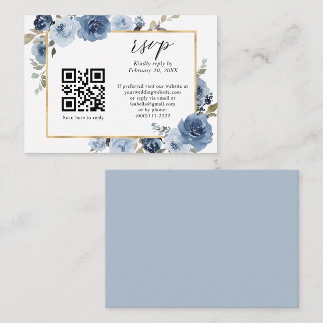 Carte D'accompagnement Dusty Blue Gold Pastel Floral QR Code Mariage RSVP (Devant / Derrière)