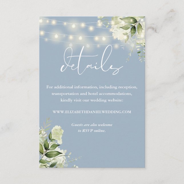 Carte D'accompagnement Dusty Blue Greenery String Lights Détails du Maria (Devant)