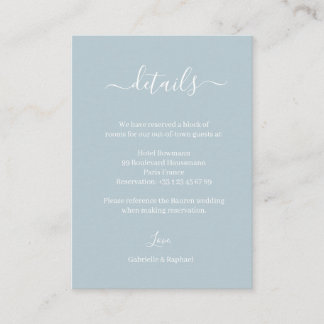Carte D'accompagnement Dusty Blue Grey and White Mariage Hotel Détails