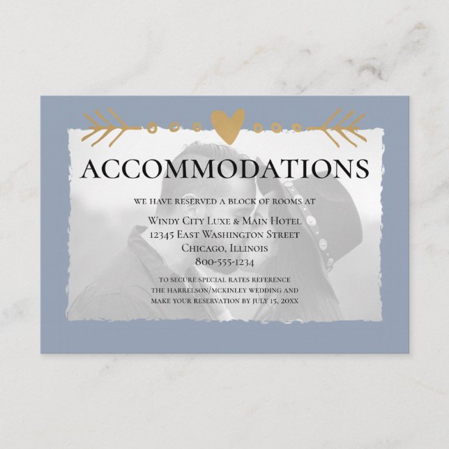 Carte D'accompagnement Dusty Blue Modern Photo Gold Hearts Hébergements (Devant)