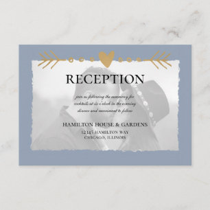 Carte D'accompagnement Dusty Blue Modern Photo Gold Hearts Réception