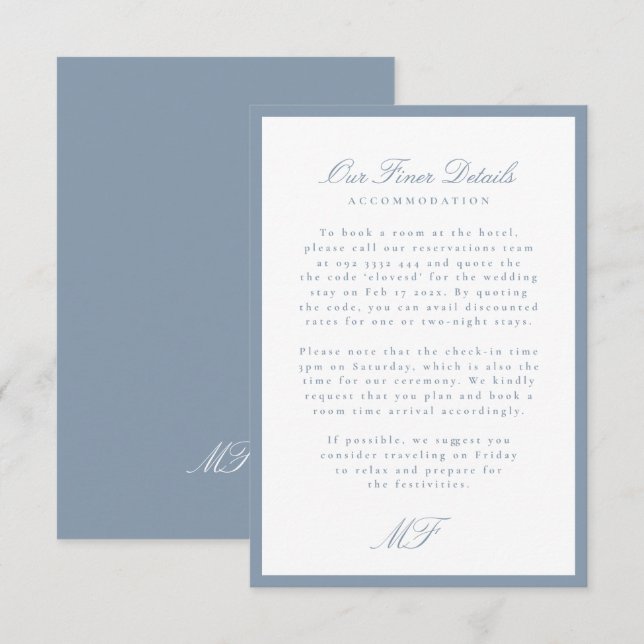 Carte D'accompagnement Dusty Blue Monogram Classic Mariage Détails Info (Devant / Derrière)