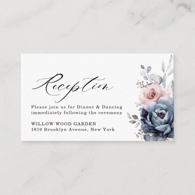 Carte D'accompagnement Dusty Blue Navy Champagne Ivory Floral Réception (Devant)