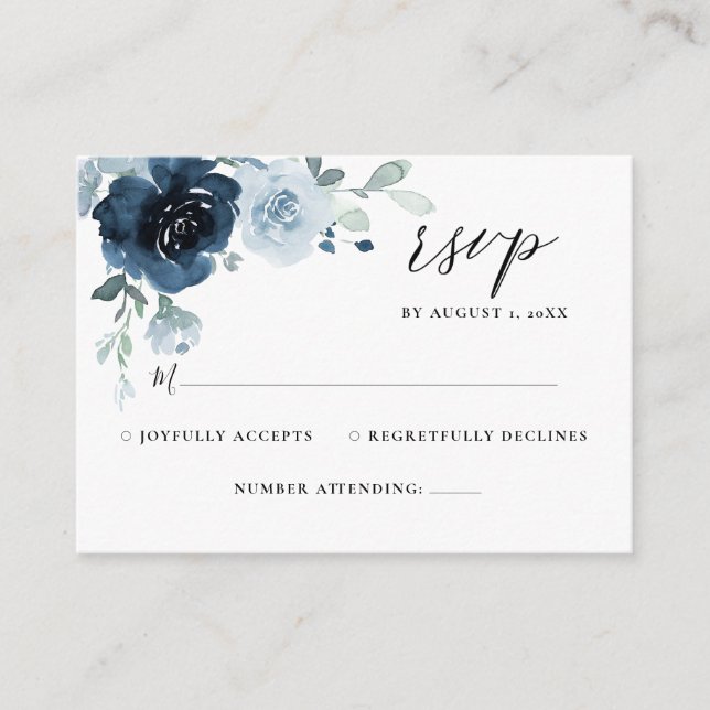 Carte D'accompagnement Dusty Blue Navy Pastel Boho Floral Wedding RSVP (Devant)