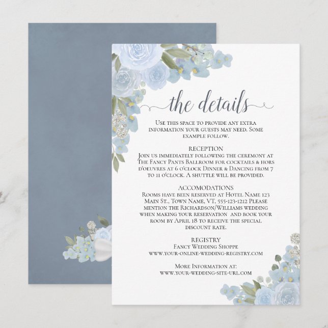 Carte D'accompagnement Dusty Blue Roses Rustic Boho Chic Détails du Maria (Devant / Derrière)