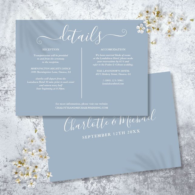 Carte D'accompagnement Dusty Blue Signature Détails du Mariage Informatio (Dusty Blue Signature Wedding Details Information Enclosure Card)
