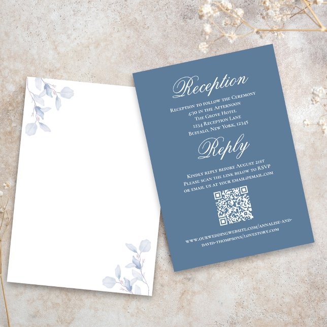 Carte D'accompagnement Dusty Blue Wedding Script RSVP Reception  (Wedding reception and reply card with dusty blue floral design.)