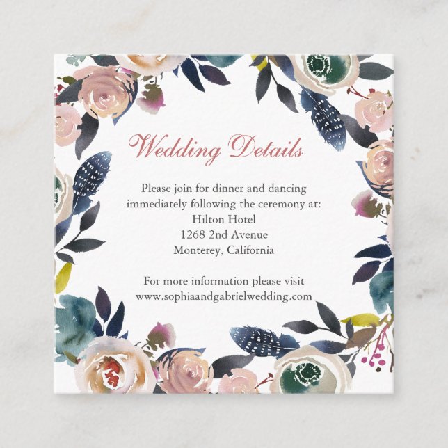 Carte D'accompagnement Dusty Pink Blue Floral Détails sur le Mariage (Devant)