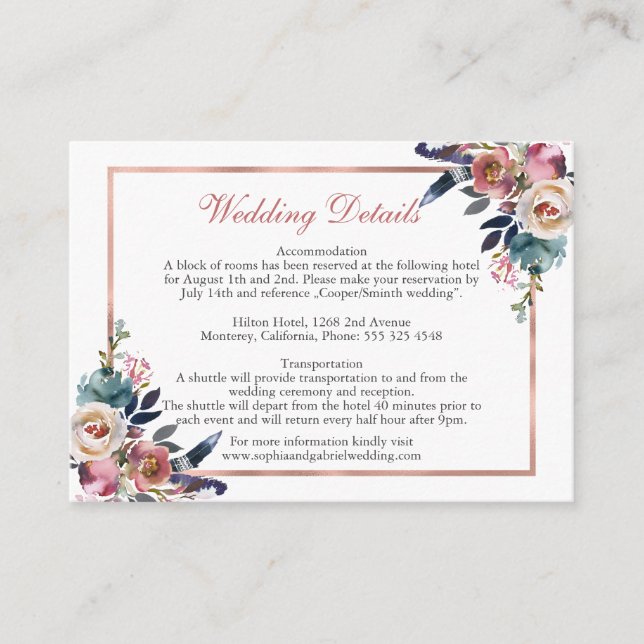 Carte D'accompagnement Dusty Pink Blue Floral Détails sur le Mariage (Devant)