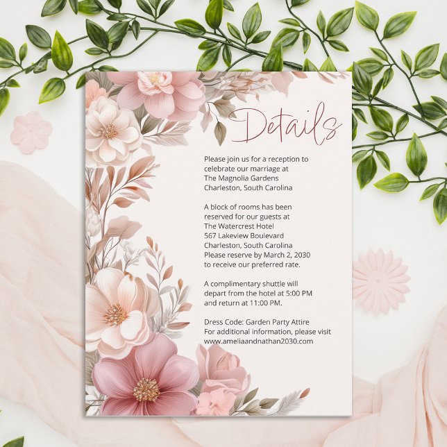 Carte D'accompagnement Dusty Pink Cream Magnolia Floral Wedding Details (Créateur téléchargé)