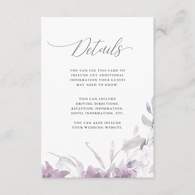 Carte D'accompagnement Dusty Purple Floral Calligraphie Détails du Mariag (Devant)