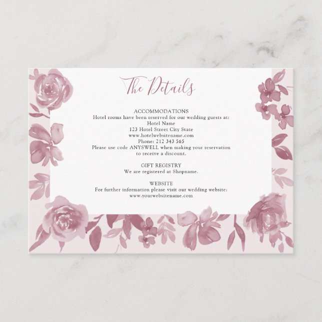 Carte D'accompagnement Dusty Rose Aquarelle Floral Détails du Mariage (Devant)