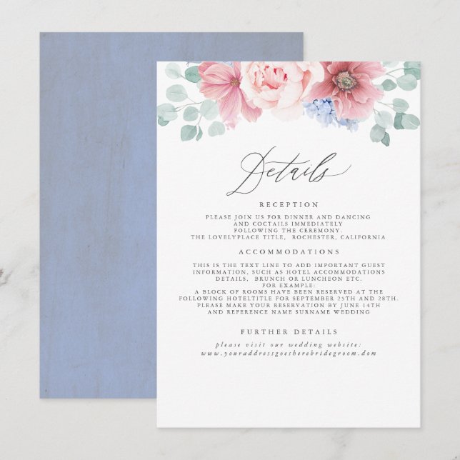 Carte D'accompagnement Dusty Rose et Dusty Blue Floral Détails du Mariage (Devant / Derrière)