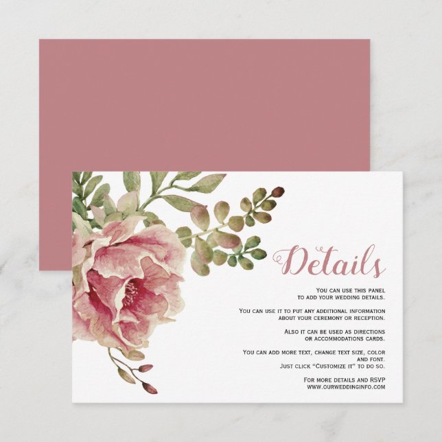 Carte D'accompagnement Dusty rose rose fleurs mariage détails (Devant / Derrière)