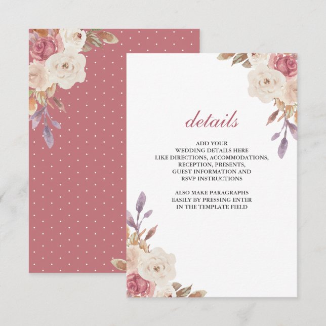 Carte D'accompagnement Dusty Rose rose Ivory Floral Détails du Mariage (Devant / Derrière)
