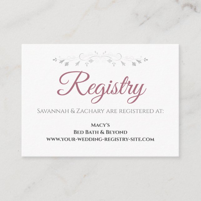 Carte D'accompagnement Dusty Rose sur White Elegant Wedding Registry (Devant)