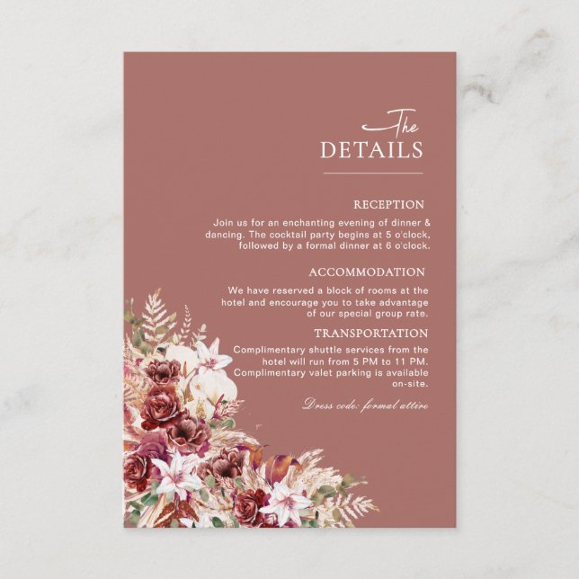 Carte D'accompagnement Dusty Rosewood & Blush Floral Wedding Details Card (Devant)