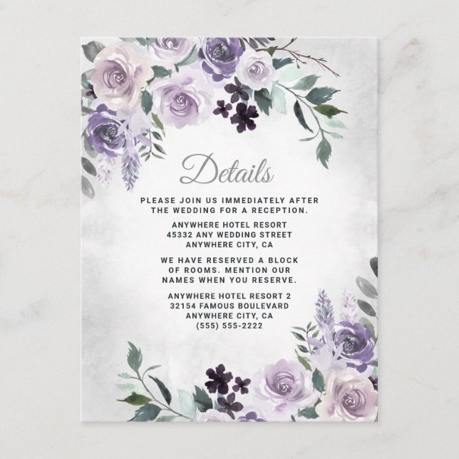 Carte D'accompagnement Dusty violet et gris argenté Floral Mariage rustiq (Devant)