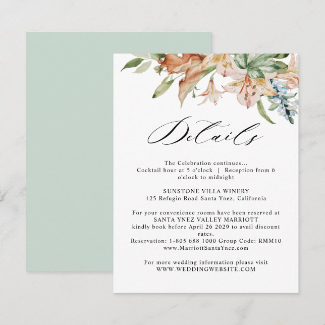 Carte D'accompagnement Earthy Blooms Détails du Mariage Blanc et vert (Devant / Derrière)
