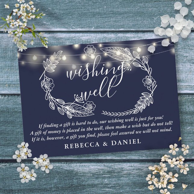 Carte D'accompagnement Éclairage à cordes Marine Mariage bleu (Wishing Well String Lights Navy Blue Wedding Enclosure Card)