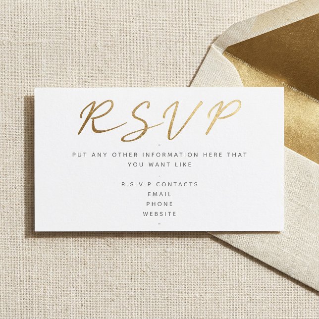 Carte D'accompagnement Effet de script doré, réponse blanche (Gold effect script, RSVP white Enclosure Card.)