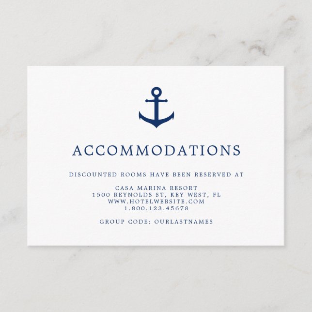 Carte D'accompagnement Elégant Ancre nautique Mariage Hébergements (Devant)