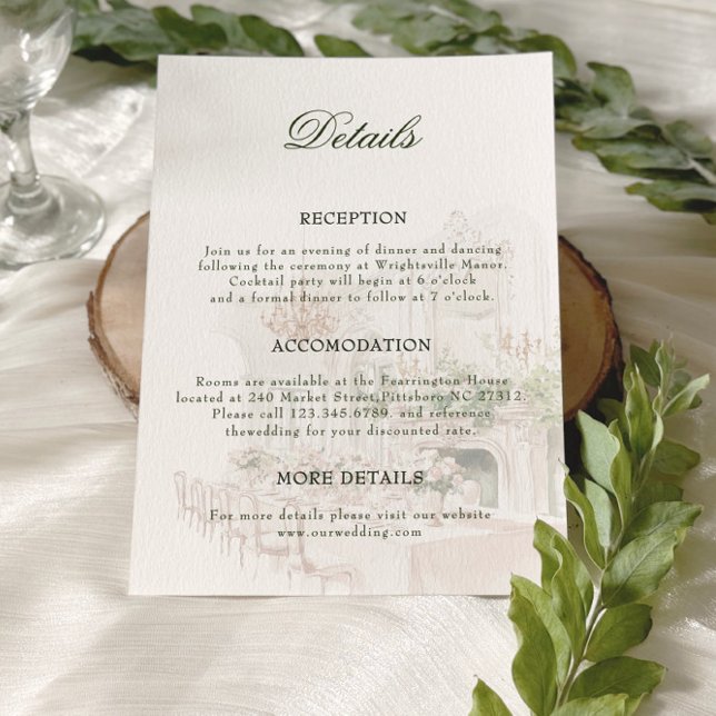 Carte D'accompagnement Elégant aquarelle Manor Garden Détails de mariage (Créateur téléchargé)
