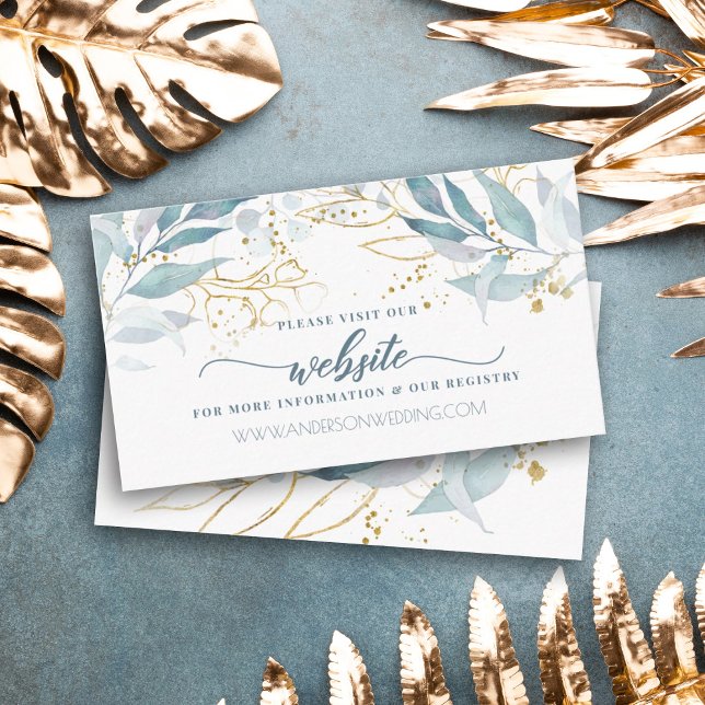 Carte D'accompagnement Elégant Aquarelle or Dusty Blue Floral Mariage (Elegant dusty blue greenery with gold accent makes the perfect website card for your boho wedding.)