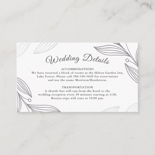 Carte D'accompagnement Elegant Argent Botanique Mariage Détails Site Web (Devant)