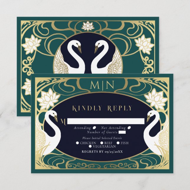 Carte D'accompagnement Elégant Art Nouveau Swans Mariage RSVP (Devant / Derrière)