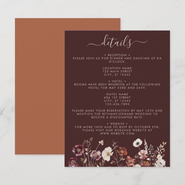 Carte D'accompagnement Élégant automne Brown Mariage floral (Devant / Derrière)