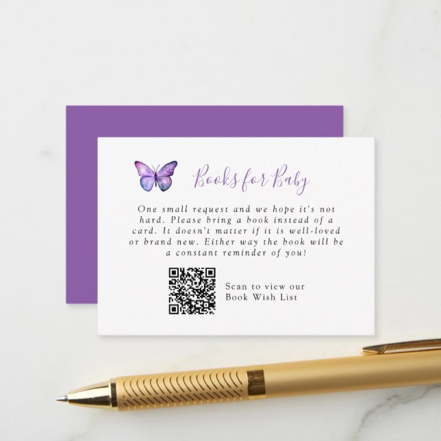 Carte D'accompagnement Elégant Baby shower papillon demande QR Code (Devant/Arrière en situation)