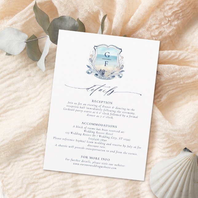 Carte D'accompagnement Elegant Beach Crest Monogram Détails du Mariage (Créateur téléchargé)