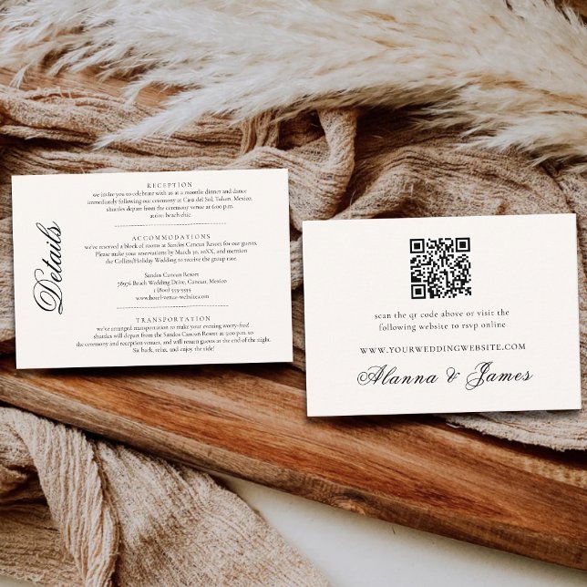 Carte D'accompagnement Elegant Black and White Wedding Details & QR RSVP  (Créateur téléchargé)
