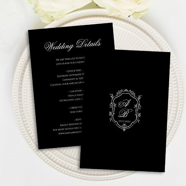 Carte D'accompagnement Elegant Black Floral Crest Monogram Script Wedding (Créateur téléchargé)