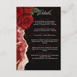 Carte D'accompagnement Elegant Black & Gold Red Roses Détails Mariage Voi