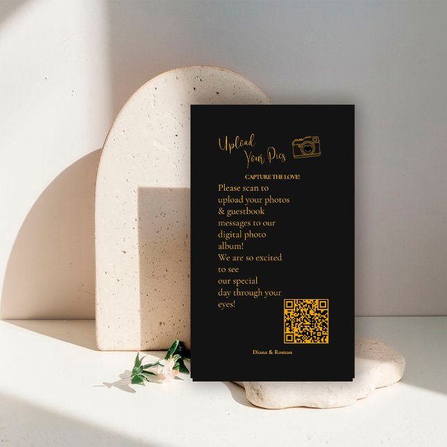 Carte D'accompagnement Elegant Black Gold Wedding Photo Sharing QR Code   (Créateur téléchargé)