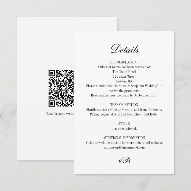 Carte D'accompagnement Elegant Black White Script Monogram QR Wedding (Devant / Derrière)
