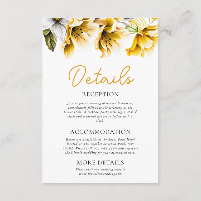 Carte D'accompagnement Elégant blanc et jaune Mariage Détails (Devant)