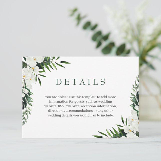 Carte D'accompagnement Elégant blanc Orchidées Bohème Détails du Mariage (Debout devant)