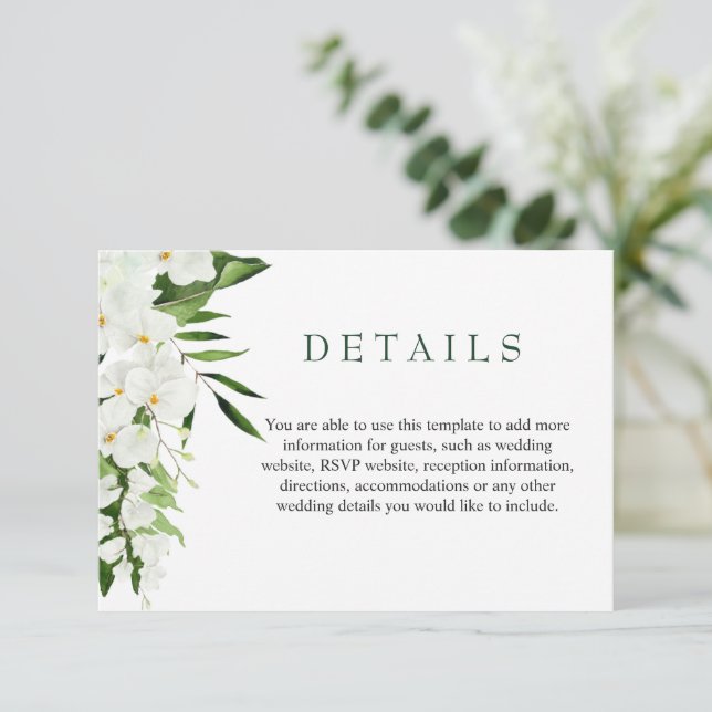 Carte D'accompagnement Elégant blanc Orchidées Bohème Détails du Mariage (Debout devant)