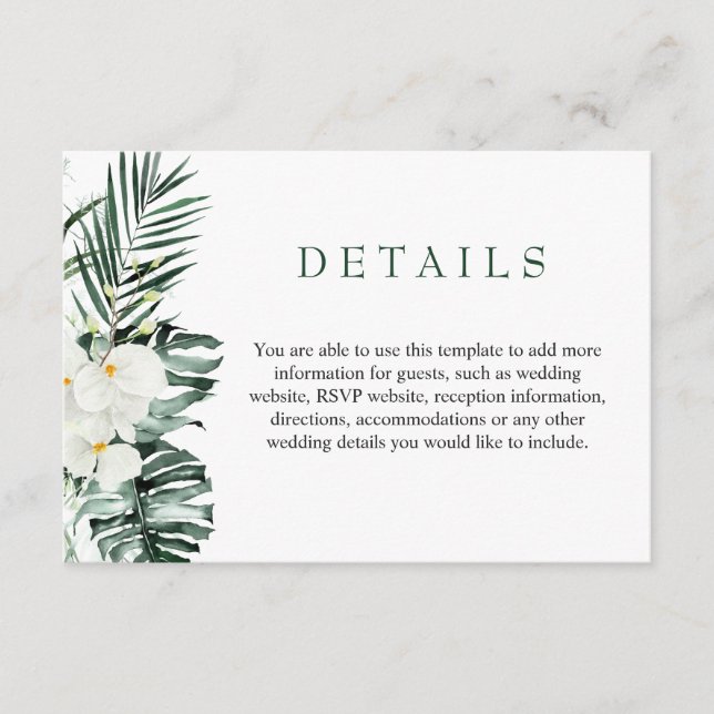 Carte D'accompagnement Elégant blanc Orchidées Bohème Détails du Mariage (Devant)