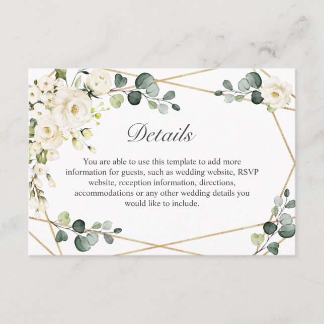 Carte D'accompagnement Elégant blanc Roses Eucalyptus Détails du Mariage (Devant)